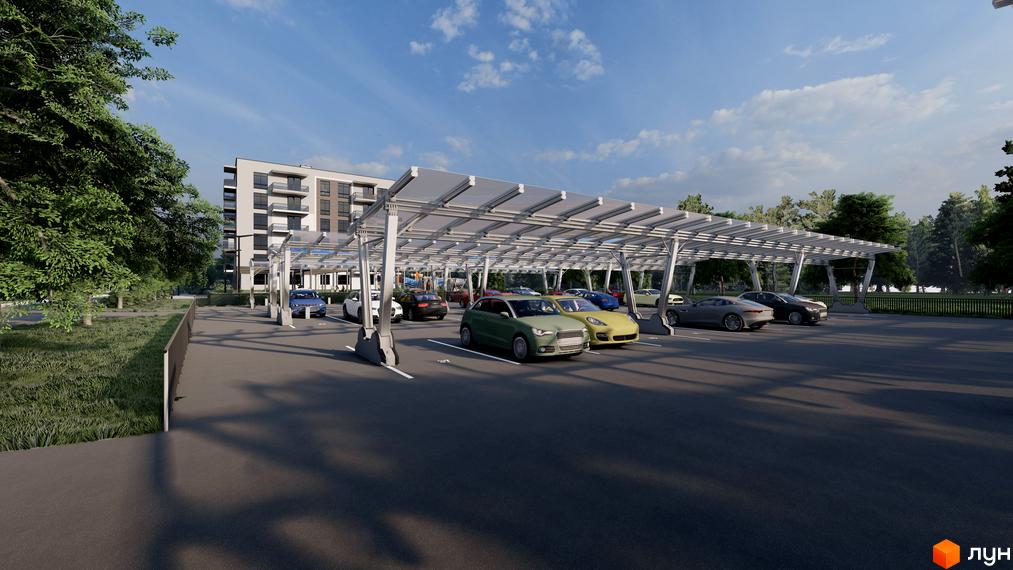 Житловий комплекс Південний DELUXE: паркінг з сонячними панелями та багатоповерховий будинок з балконами на фоні блакитного неба.