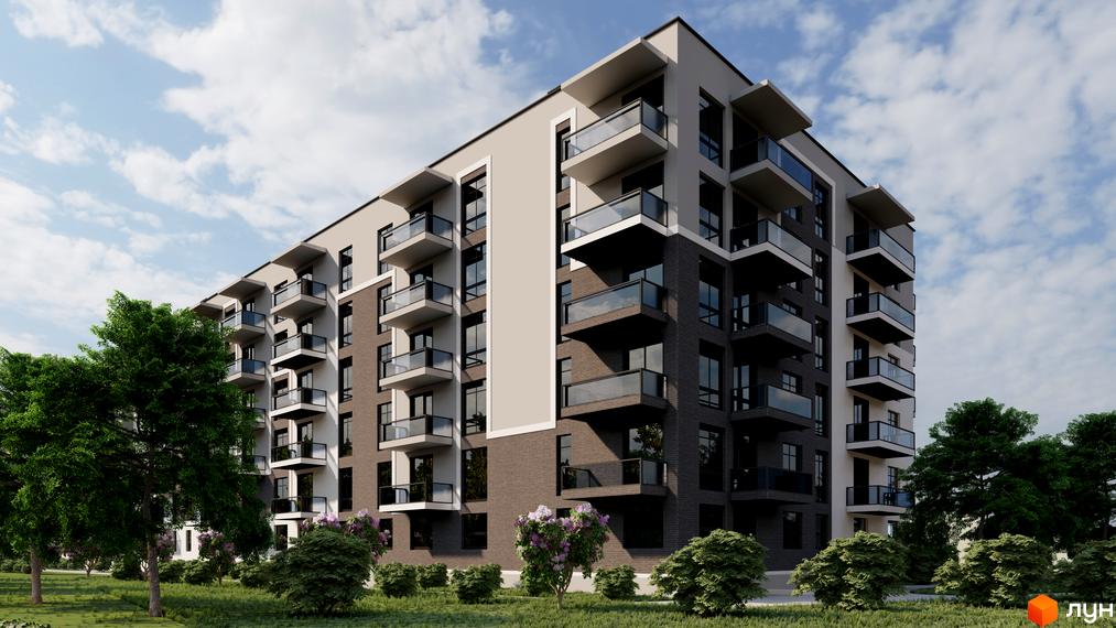 Житловий комплекс Південний DELUXE: багатоповерховий будинок з балконами та скляними поручнями, оточений зеленими насадженнями.