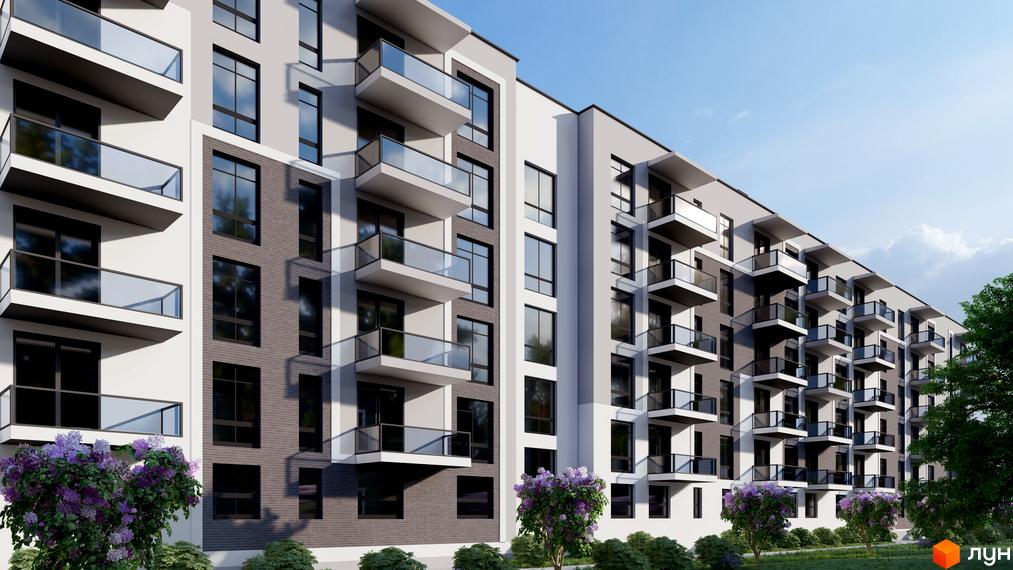 Зовнішній вигляд багатоповерхового будинку ЖК Південний DELUXE з балконами та панорамними вікнами, поруч зелені насадження та квіти.