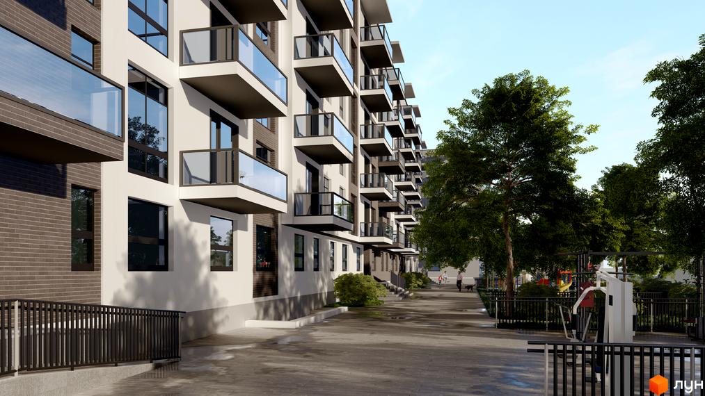 Житловий комплекс Південний DELUXE: багатоповерховий будинок з балконами. На прибудинковій території є зелені насадження та спортивний майданчик.