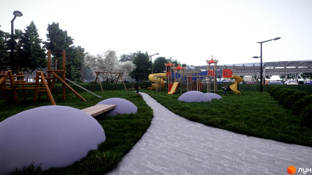 Дитячий майданчик Житлового комплексу Південний DELUXE з різнокольоровими гірками, дерев'яними конструкціями та зеленими насадженнями.