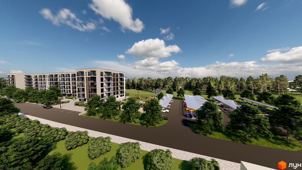 Житловий комплекс Південний DELUXE: багатосекційний будинок з балконами, паркінг під навісами, дитячий майданчик та зелені зони.