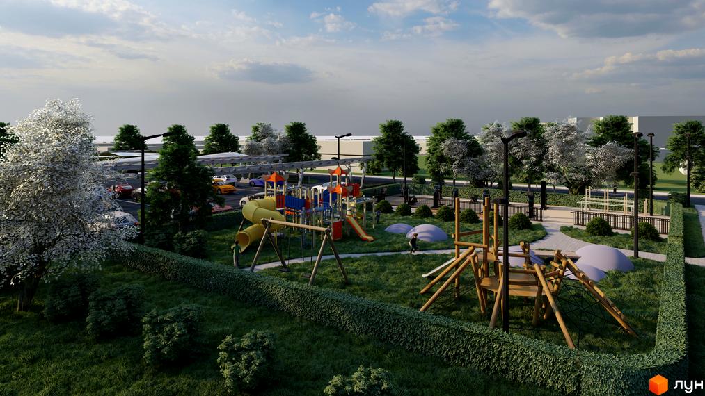 Візуалізація ЖК Південний DELUXE з дитячим майданчиком та парковкою. Зелена прибудинкова територія з деревами та кущами.