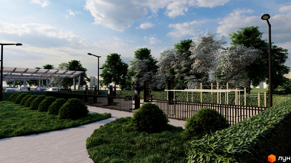 Зображення ЖК Південний DELUXE: паркінг з сонячними панелями, доріжки з бруківки, зелені насадження та вуличні ліхтарі. Благоустрій території.