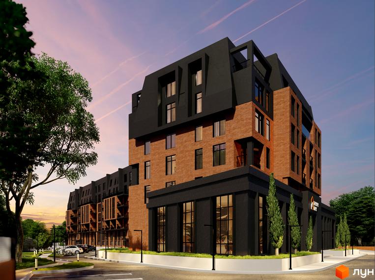 Новобудова ЖК Greenwich Park з цегляним фасадом та чорним дахом. Навколо будинку розташовані дерева та освітлення.