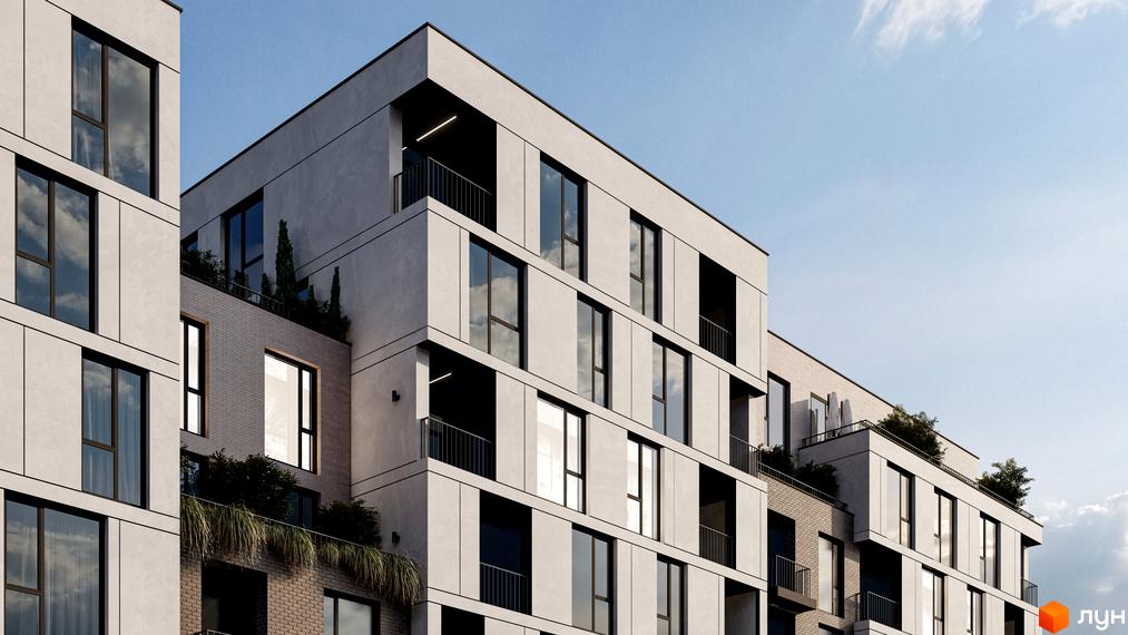 Panorama: будівля житлового комплексу з великими вікнами та балконами, оточена зеленню.