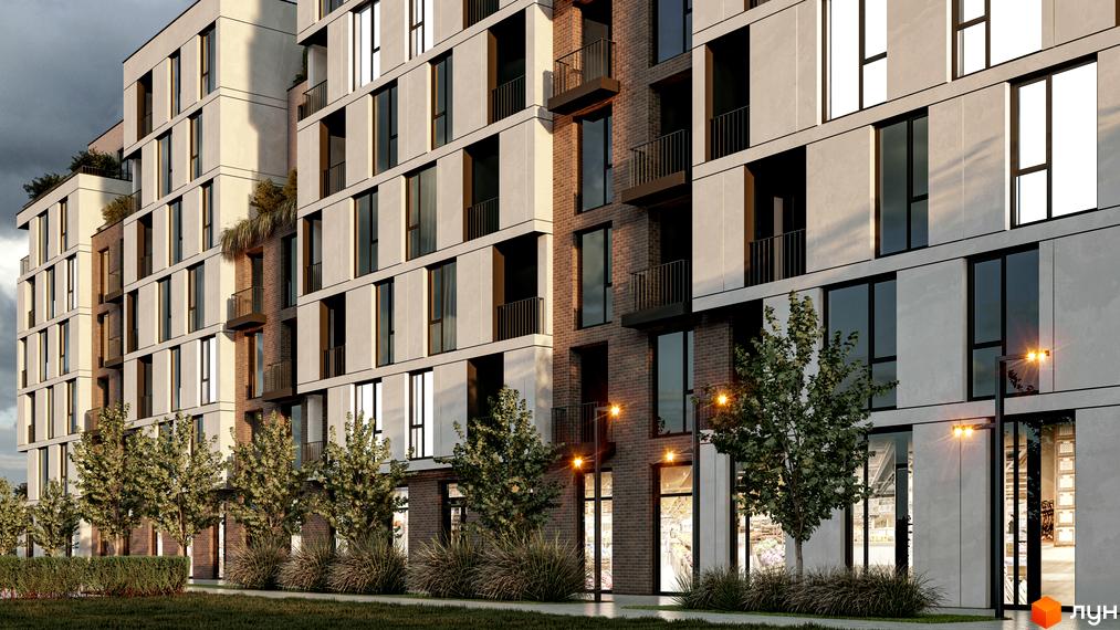 Зовнішній вигляд новобудови ЖК Panorama з цегляними та світлими фасадами, вікнами та балконами, оточеної деревами та зеленими насадженнями.