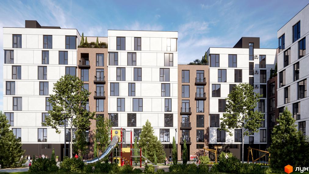 Зовнішній вигляд новобудови ЖК Panorama з фасадами білого та цегляного кольору, дитячим майданчиком та зеленими насадженнями. Комплекс має багато вікон та балконів.