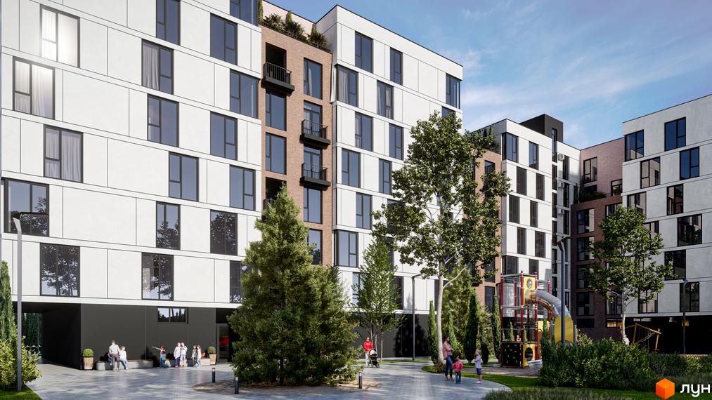Зовнішній вигляд новобудови ЖК Panorama з білими та цегляними фасадами, великими вікнами та балконами. На прибудинковій території розташований дитячий майданчик та зелені насадження.