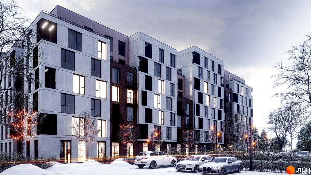 Житловий комплекс Panorama з цегляним та бетонним фасадом, великими вікнами та балконами, оточений деревами зі снігом та освітленням.