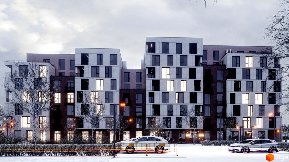 Зовнішній вигляд новобудови ЖК Panorama з фасадами з білої плитки та темної цегли, вікнами різних розмірів, на тлі зимового пейзажу з деревами та автомобілями на дорозі.