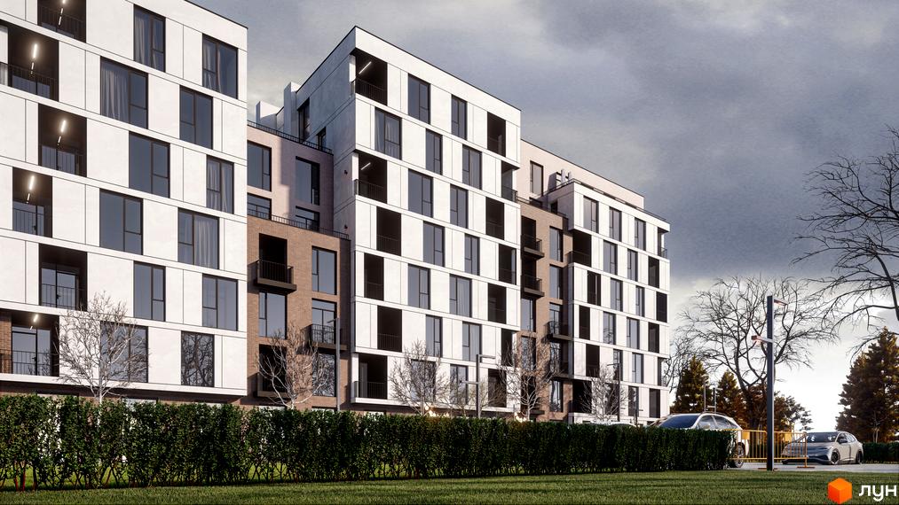 Зовнішній вигляд житлового комплексу Panorama з цегляними та білими фасадами, великими вікнами та балконами. На прибудинковій території видно зелені насадження та автомобілі.