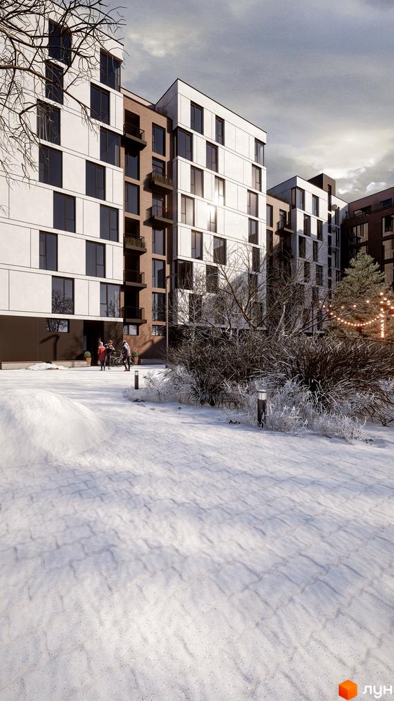 Житловий комплекс Panorama: фасади будівель з панорамними вікнами та цегляними вставками, зимовий двір з деревами та освітленням.