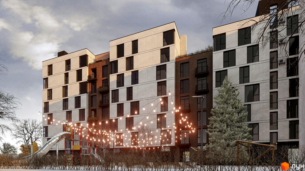 Житловий комплекс Panorama - фасади будівель з панорамними вікнами та балконами, дитячий майданчик зі спуском, дерева та гірлянди з лампочок на прибудинковій території.