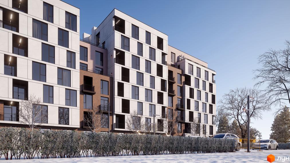 Новобудова ЖК Panorama з цегляним та білим фасадом, вікнами та балконами, на тлі блакитного неба та засніженої території з деревами.