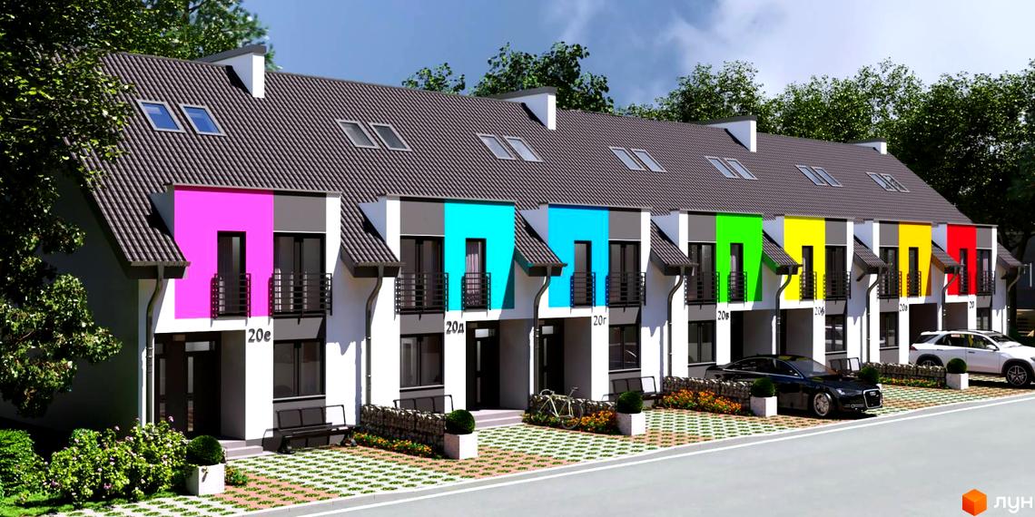 Таунхаус Веселка з яскравими фасадами та доглянутою прибудинковою територією. На території є паркомісця та зелені насадження.