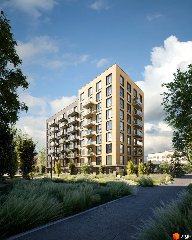 Житловий комплекс WABI з цегляним фасадом та балконами, оточений зеленою зоною та доглянутою прибудинковою територією.
