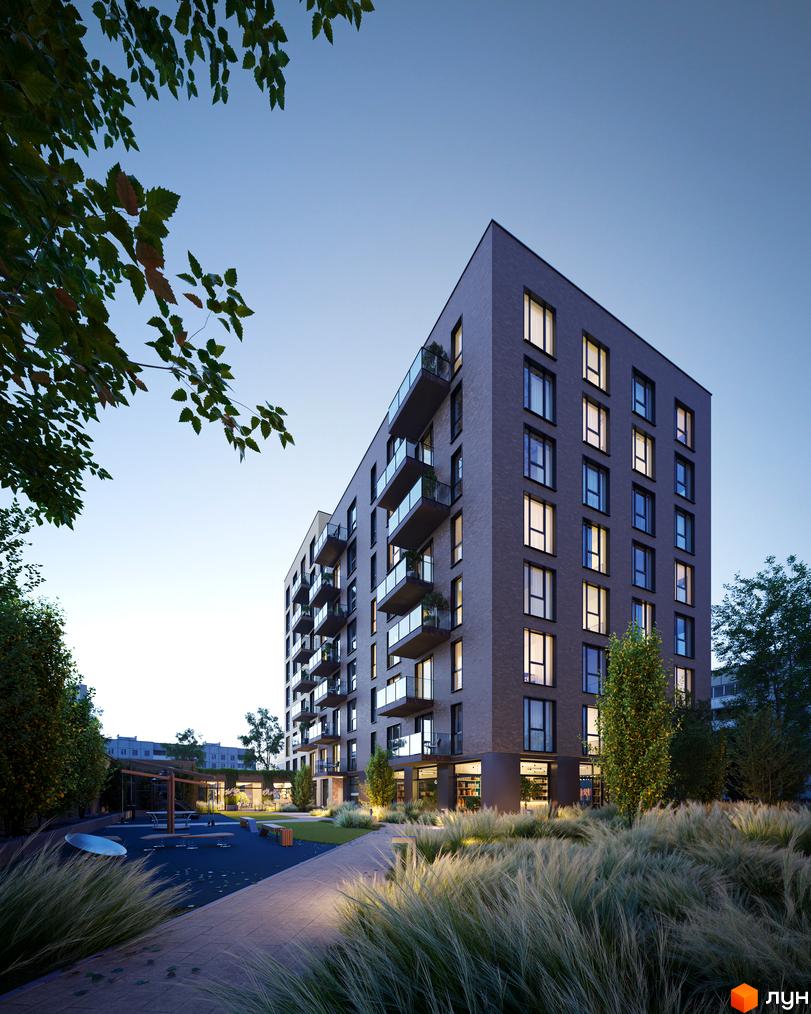 Житловий комплекс WABI – це сучасна архітектура з темною цегляною фасадною системою та балконами зі скляним огородженням. Територія навколо будинку облаштована дитячим майданчиком та зонами відпочинку.