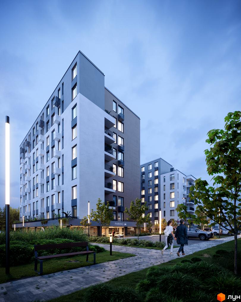Житловий комплекс Avalon Holiday One з сірими та білими фасадами, балконами та паркінгом. Навколо зелена територія з лавкою та освітленням.