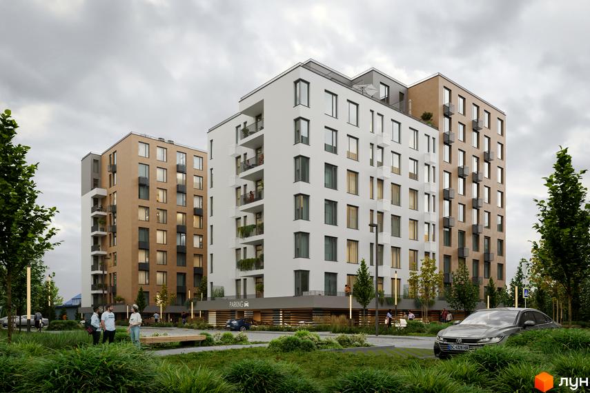 Житловий комплекс Avalon Holiday One - це сучасна новобудова з білими та бежевими фасадами, балконами та великими вікнами. На прибудинковій території розташовані зелені насадження, лавки та паркінг.