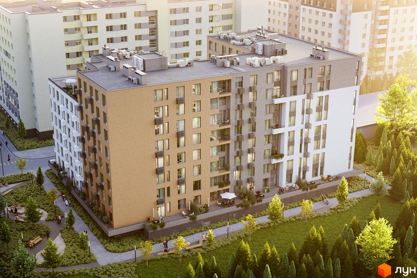 Житловий комплекс Avalon Holiday One з фасадами бежевого та сірого кольорів, з численними балконами та кондиціонерами. Навколо комплексу зелена прибудинкова територія з деревами та зонами відпочинку.