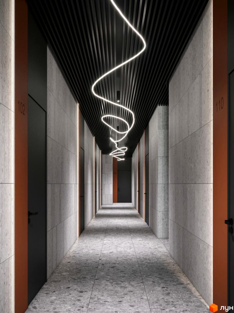 Коридор житлового комплексу L14. Home in Pechersk з дверима та освітленням. Сучасний дизайн інтер'єру новобудови.