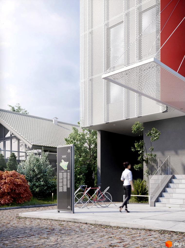 L14. Home in Pechersk: новобудова з білим перфорованим фасадом та червоними акцентами, перед якою розташовані зелені насадження та доріжка з бруківки.