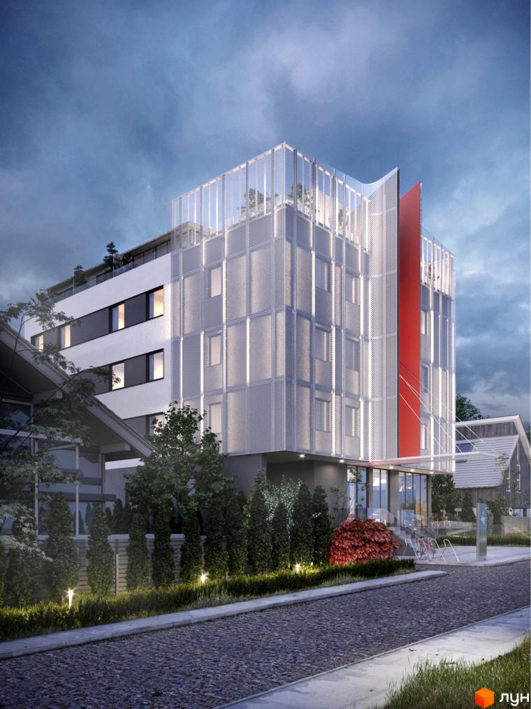 L14. Home in Pechersk – це житловий комплекс з унікальним фасадом та просторою прибудинковою територією. Зовнішній вигляд будівлі доповнюють зелені насадження та зручні доріжки.