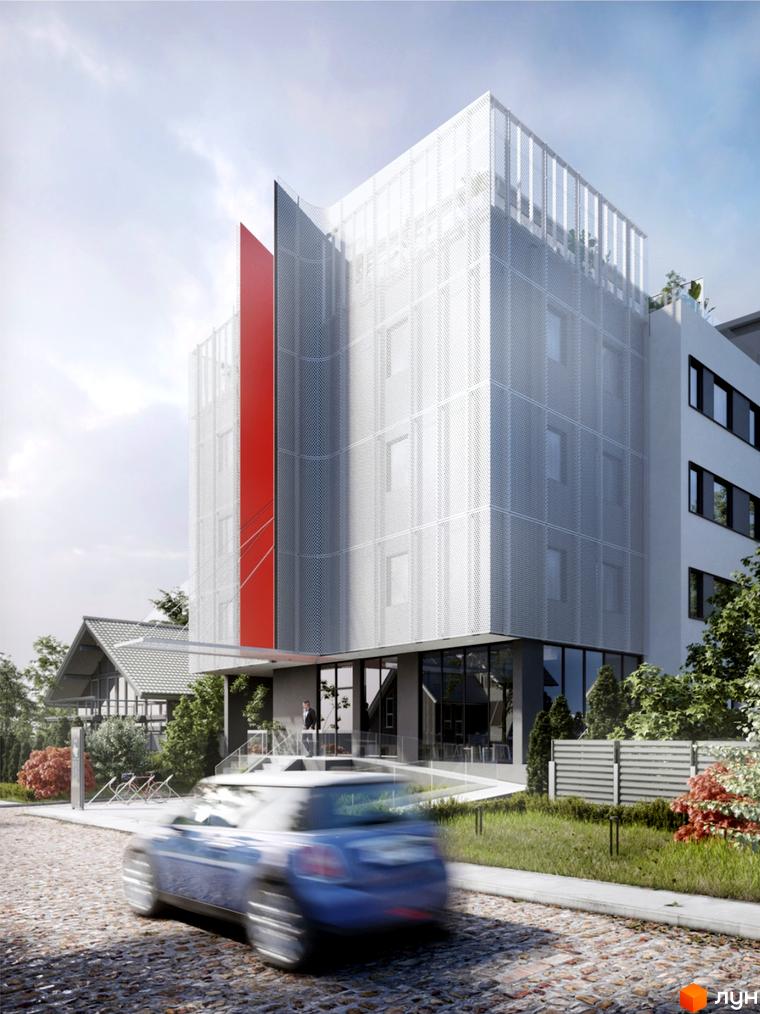Будівельний проєкт L14. Home in Pechersk з білим перфорованим фасадом та червоною вставкою, поруч зелена зона та дорога з бруківки.
