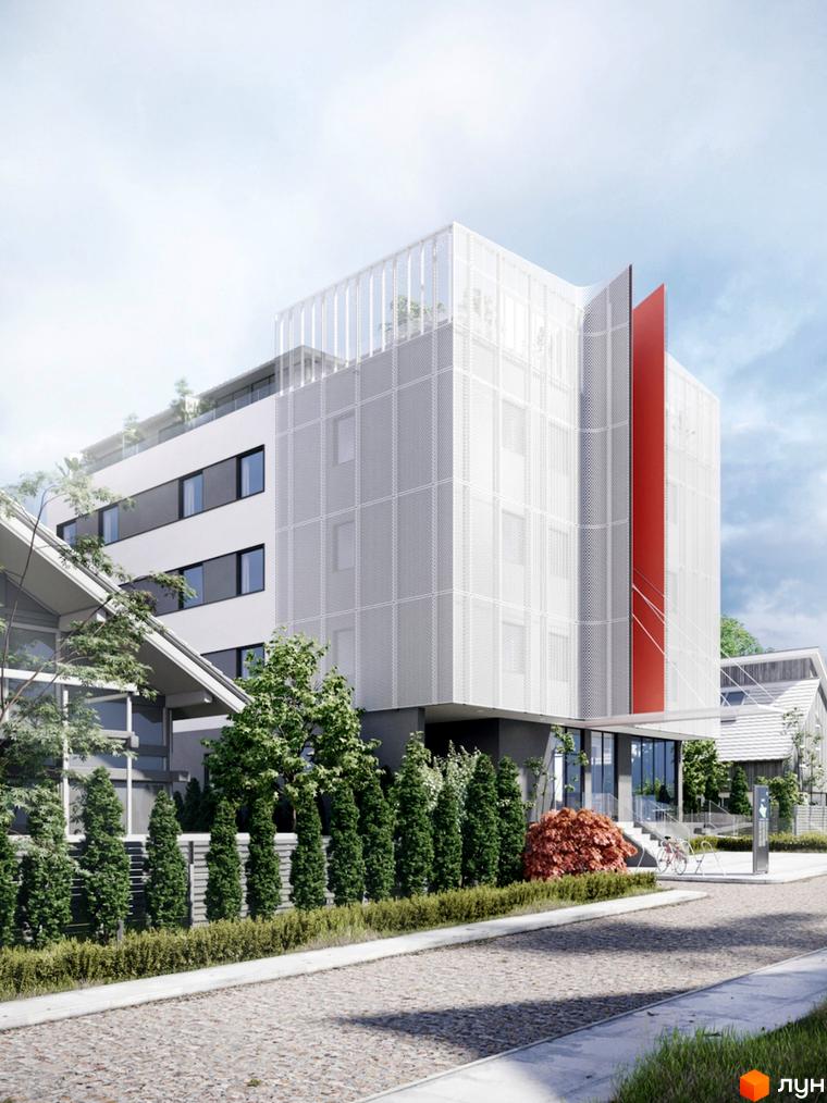 L14. Home in Pechersk – житловий комплекс з білою перфорованою фасадною системою та червоними акцентами. Прибудинкова територія з зеленими насадженнями та бруківкою.