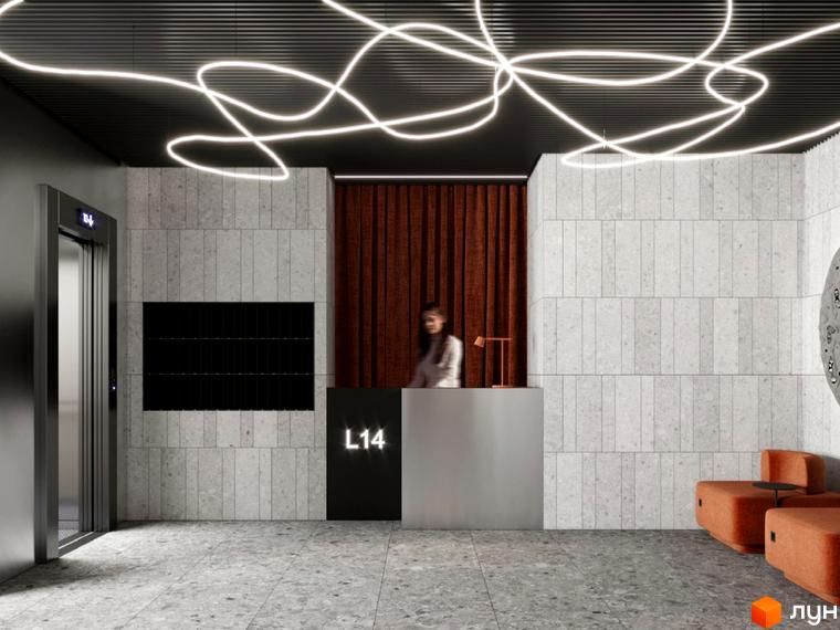 Сучасний інтер'єр холу житлового комплексу L14 у Печерську з ліфтом, стійкою рецепції та зонами відпочинку. Опис новобудови для просування сайту.