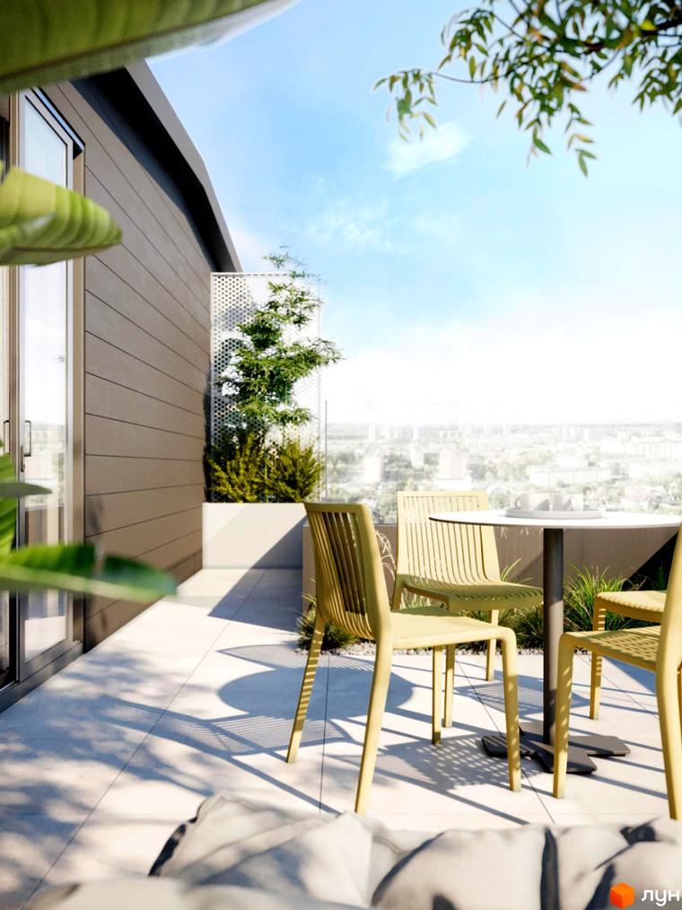 Балкон житлового комплексу L14. Home in Pechersk з меблями та видом на місто. Сучасний дизайн фасаду та затишна зона відпочинку.