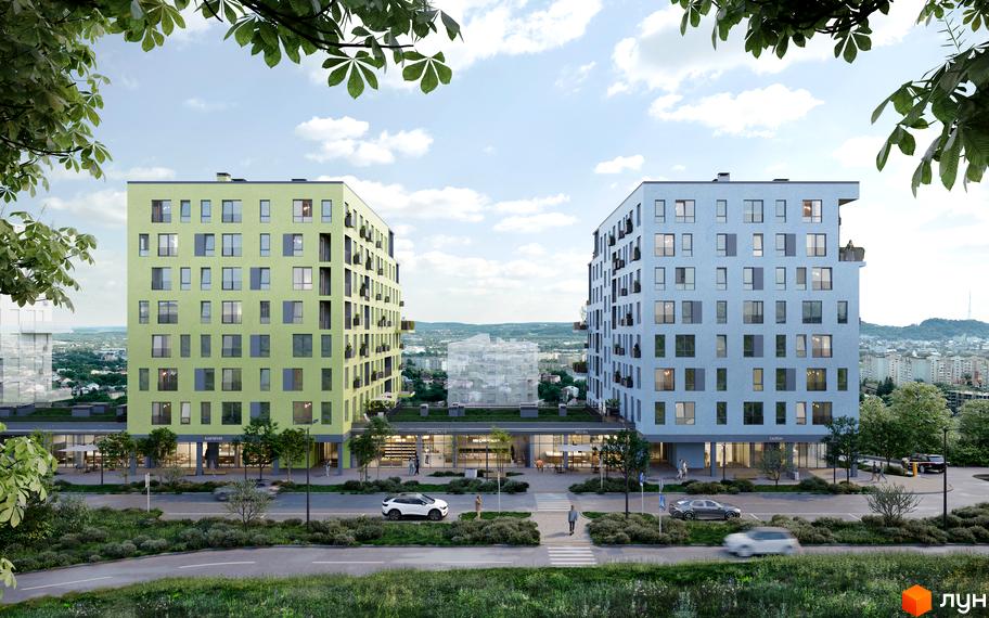 Житловий комплекс Шелест: два багатоповерхові будинки, один світло-зелений, інший блакитний, з балконами та великими вікнами. Навколо зелена зона та дорога з автомобілями.