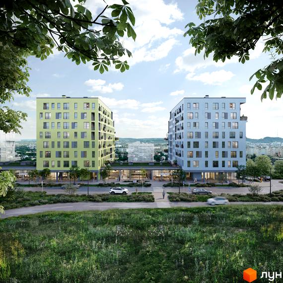 Житловий комплекс Шелест: двоповерхові будинки з фасадами світло-зеленого та блакитного кольору, з великою кількістю вікон та балконів, розташовані на фоні міського пейзажу та зеленої зони.