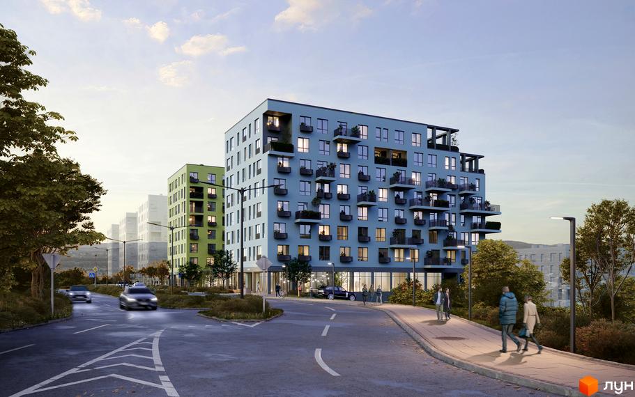 Зовнішній вигляд житлового комплексу Шелест з блакитною та зеленою фасадами, балконами та прибудинковою територією з дорогою та пішохідною зоною.