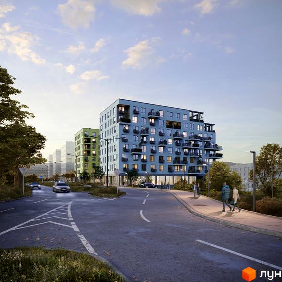 Житловий комплекс Шелест: сучасна архітектура синього та зеленого будинків з балконами та прибудинковою територією з дорогою та пішохідною зоною.