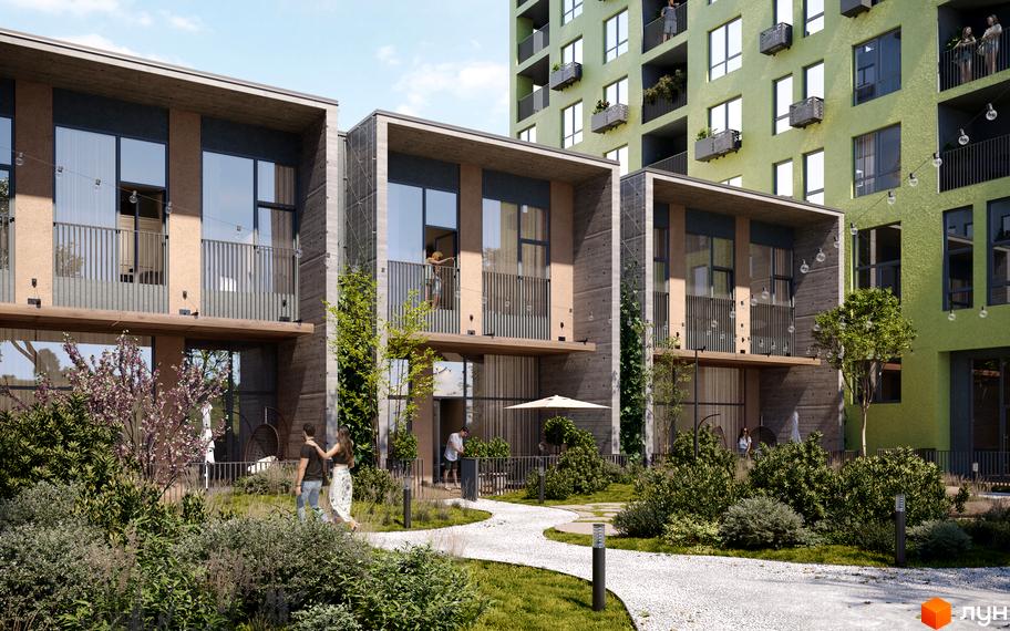 Житловий комплекс Шелест з сучасними фасадами та зеленим подвір'ям. На зображенні видно триповерхові будинки з великими вікнами та балконами, а також багато зелені та доріжки для прогулянок.