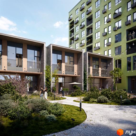 Зовнішній вигляд новобудови ЖК Шелест з зеленим фасадом та бетонними елементами, прибудинкова територія з доріжками та зеленню.