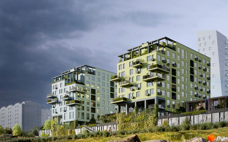 Житловий комплекс Шелест: зелені фасади та балкони з рослинністю на тлі хмарного неба. Прибудинкова територія з зеленими насадженнями та кам'яною огорожею.