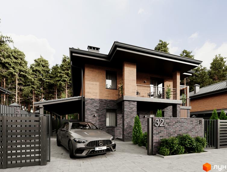 Котеджне містечко КМ FOREST LAKE VILLAS: двоповерховий будинок з дерев'яним фасадом та цегляним цоколем, розташований біля паркану та автомобіля.