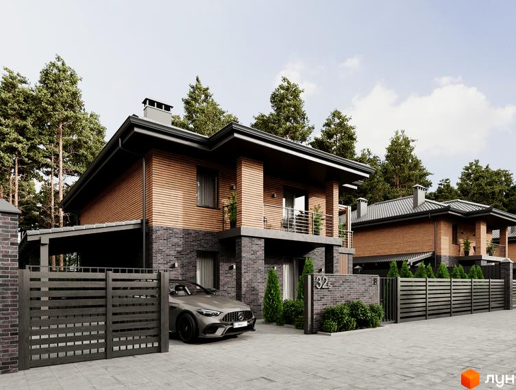 Котеджне містечко КМ FOREST LAKE VILLAS. Зовнішній вигляд будинків з дерев'яним фасадом та цегляною основою, прибудинкова територія з парканом та автомобілем.