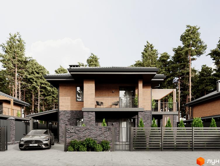 Зовнішній вигляд будинку в котеджному містечку КМ FOREST LAKE VILLAS з дерев'яним фасадом та цегляною основою, прибудинкова територія з автомобілем та парканом.