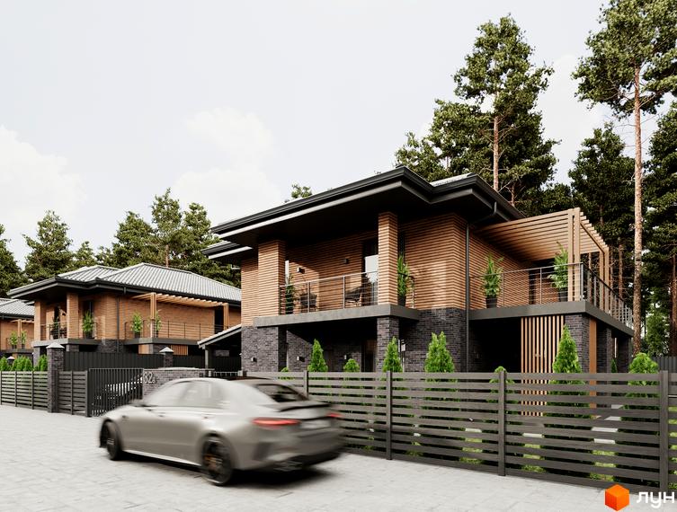 Котеджне містечко КМ FOREST LAKE VILLAS. Сучасні будинки з дерев'яним фасадом та цегляною основою, огороджені парканом, оточені соснами.