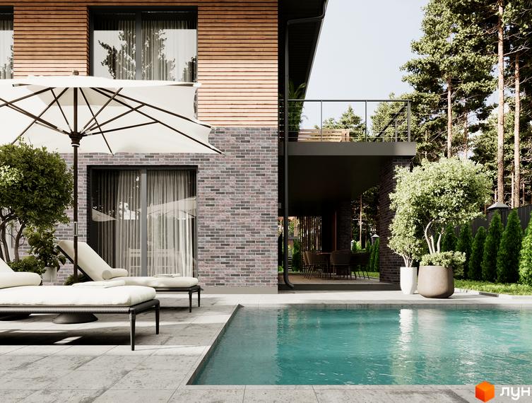 Котеджне містечко FOREST LAKE VILLAS з басейном та шезлонгами. Фасад будинку оздоблений цеглою та дерев'яними елементами.