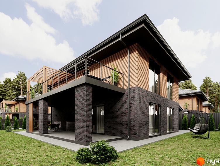 Котеджне містечко КМ FOREST LAKE VILLAS. Зовнішній вигляд двоповерхових будинків з дерев'яним та цегляним фасадом, просторими терасами та зеленим подвір'ям.