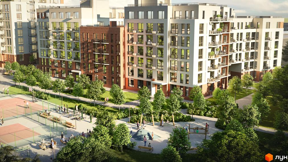 Житловий комплекс РЕМ – це сучасна новобудова з цегляним фасадом та просторими балконами, розташована біля зеленої зони з дитячим майданчиком та спортивними зонами.