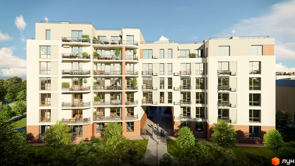 Житловий комплекс РЕМ – це багатоповерхова новобудова з балконами та великими вікнами, оточена зеленим сквером та доглянутою прибудинковою територією.