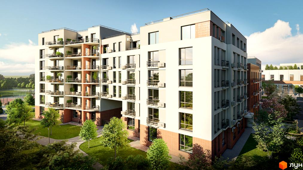 Житловий комплекс РЕМ – це багатоповерхова новобудова з балконами та кондиціонерами, оточена зеленим сквером та деревами.