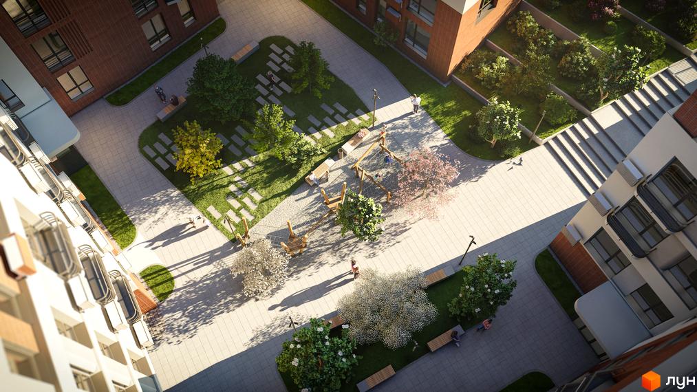 Житловий комплекс РЕМ: фасади цегляних будинків та затишний внутрішній двір з дитячим майданчиком і зонами відпочинку.