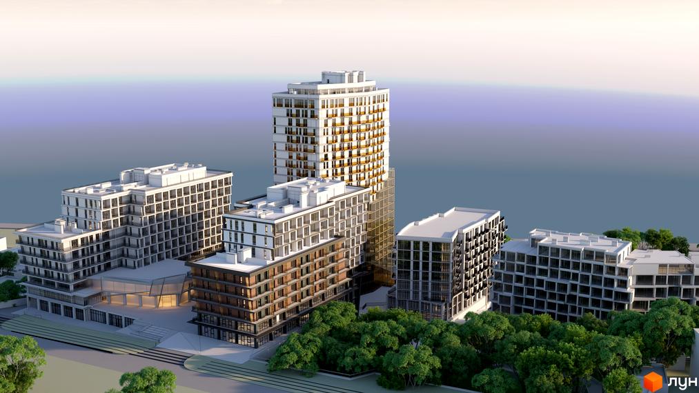 Зображення Житлового комплексу ITown з кількома багатоповерховими будинками та великою зеленою територією. На передньому плані видно дерева та пішохідні доріжки.